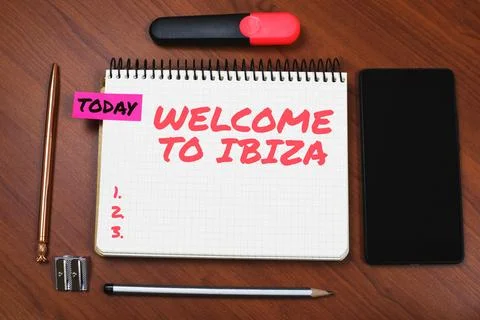 Text caption presenting Welcome to Ibiza. Business concept Warm greetings from Stock-Fotos