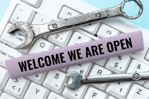 Text caption presenting Welcome We Are Open. Business overview Greeting making Foto stock