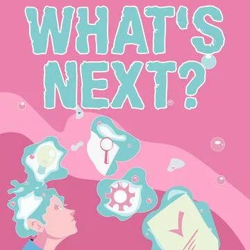 Text caption presenting Whats Next Question. Business overview Expecting Any Stock Illustration