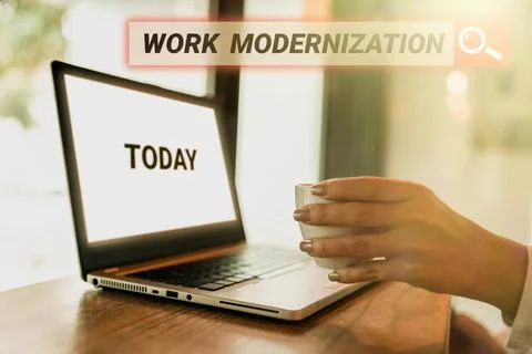 Text caption presenting Work Modernization. Word Written on changing product Stock Photos