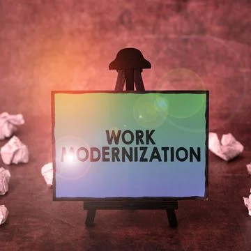 Text caption presenting Work Modernization. Business overview changing product Foto stock