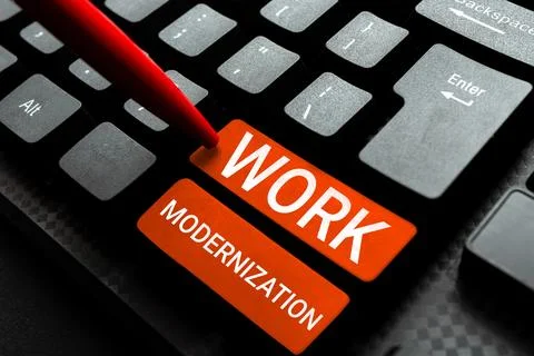 Text caption presenting Work Modernization. Concept meaning changing product Foto stock
