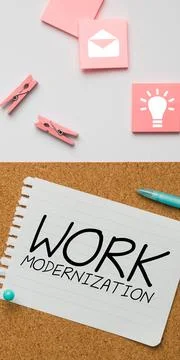 Text caption presenting Work Modernization. Word for changing product service Stock Photos