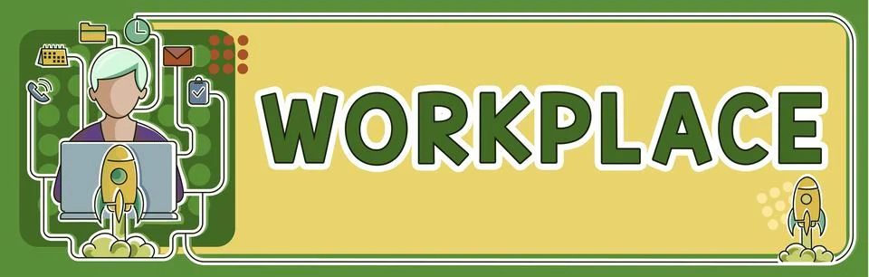 Text caption presenting Workplace. Business showcase Area where you can find Ilustración de archivo