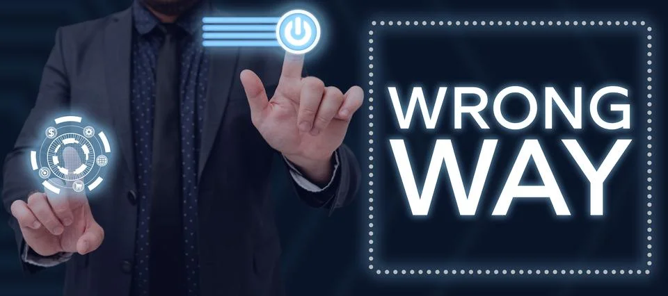 Text caption presenting Wrong Way. Business concept taking an unsuitable or Foto stock