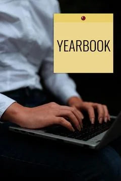 Text caption presenting Yearbook. Concept meaning publication compiled by Stock Photos
