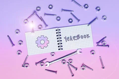 Text caption presenting Yearbook. Concept meaning publication compiled by Stock Photos