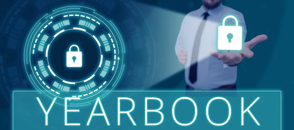 Text caption presenting Yearbook. Concept meaning publication compiled by Stock Photos