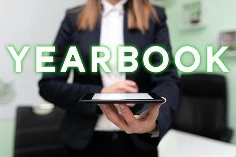 Text caption presenting Yearbook. Internet Concept publication compiled by Stock Photos