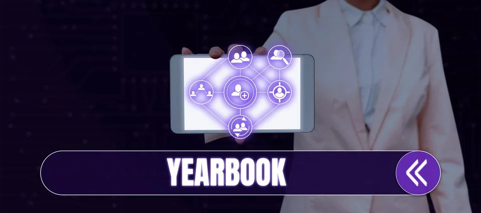Text caption presenting Yearbook. Word for publication compiled by graduating Stock Photos