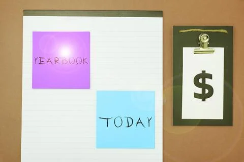Text caption presenting Yearbook. Word Written on publication compiled by Stock Photos
