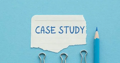 The text Case Study appearing behind torn paper on blue background Stock Photos