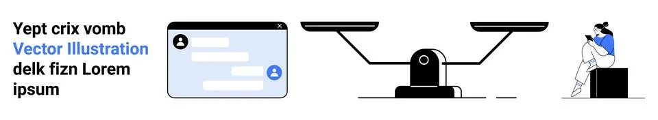 Text chat window, scale in balance, person on computer. Ideal for communicati イラスト素材