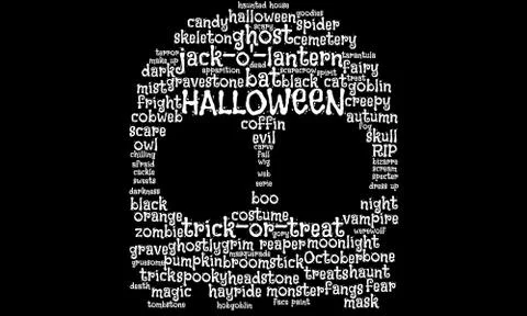 Text cloud, tag cloud in the shape of a goblin, concept for Halloween Stock Illustration