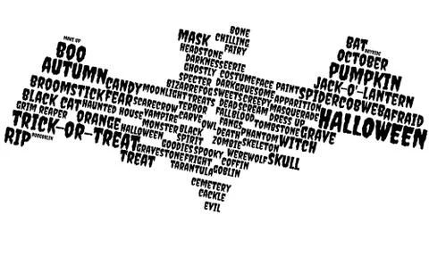 Text cloud, word cloud in the shape of a vampire bat, concept for Halloween Stock Illustration