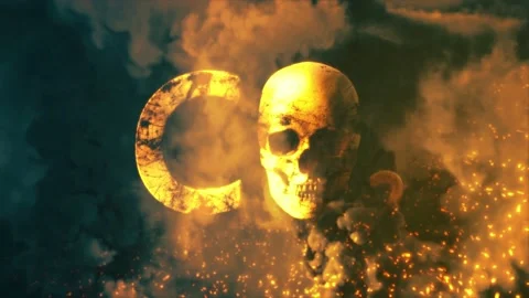 Text co2 with man skull on bg with fire and smoke - loop video Stock Footage 205040053