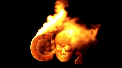 Text co2 with man skull burning on black bg, isolated - object 3D rendering Illustrazione stock