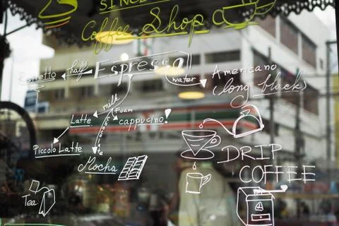 Text coffee menu on the mirror coffee shop Stock Photos