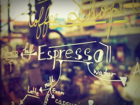 Text coffee menu on the mirror coffee shop Stock Photos