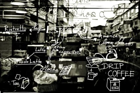 Text coffee menu on the mirror coffee shop Stock Photos