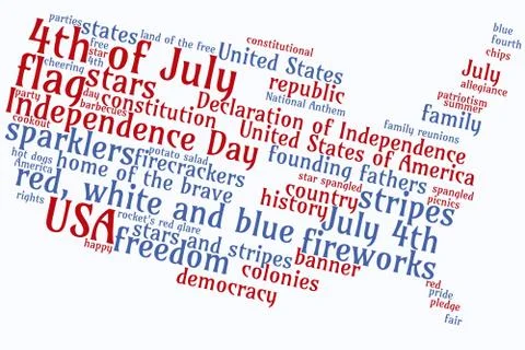 Text collage about 4th of July in the USA shaped like the United States Stock Illustration