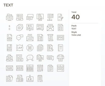 Text Complete Vector Package with 40 64x64 Thin Line Detail Enhanced Icons Stock Illustration