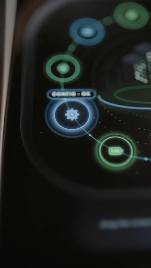 Text CONFIG OK sits above a bright blue gear node linked to green circular Stock Footage 343374112