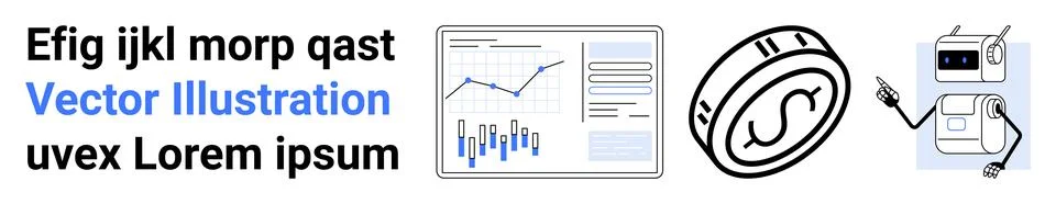 Text content, data analysis dashboard with charts, technology symbol with dol Stock Illustration