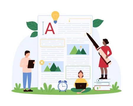 Text correction, blog content articles writing and editing, proofreading by tiny Illustrazione stock