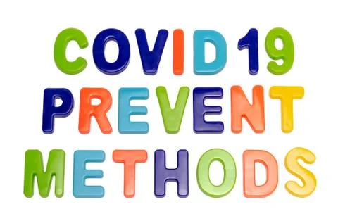 Text COVID-19 PREVENT METHODS on white background Foto stock