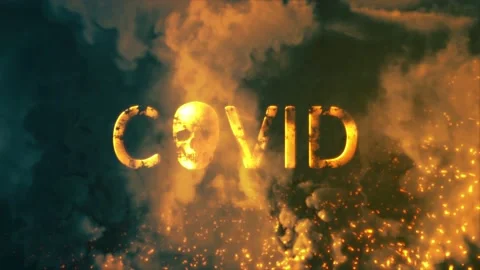 Text covid with man skull on bg with fire and smoke - loop video Stock Footage 196886503