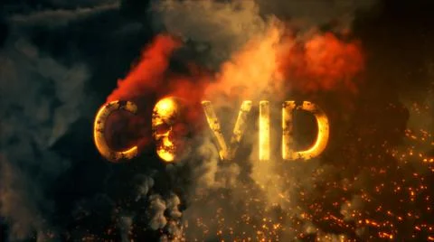 Text covid with skull burning on dark smoke bg - abstract 3D illustration Stock Illustration