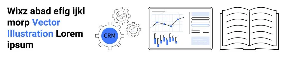 Text, CRM gear icon, data chart, and open book. Ideal for business analytics, Illustrazione stock