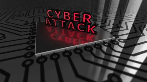 Text “Cyber Attack” landing on a circuit board loop 4K Stock Footage 86415523