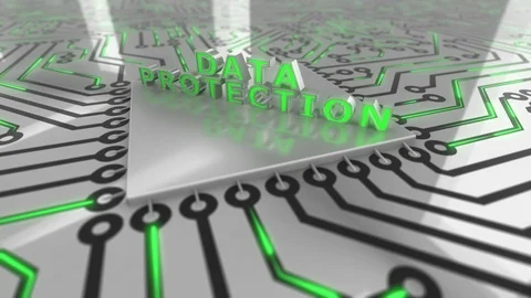 Text “Data protection” landing on a circuit board loop 4K Stock Footage 86230408