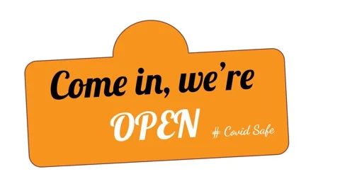 Text design animation Come in, we are open on white background. Yellow button. Stock Footage 151504938