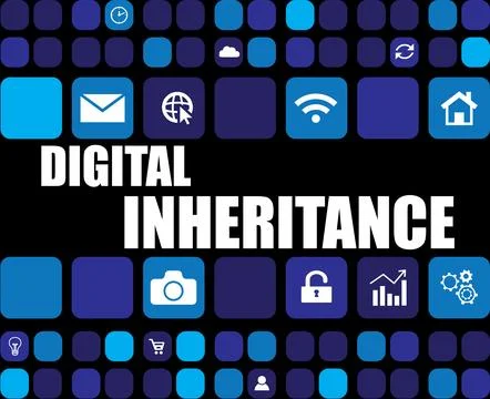 Text Digital Inheritance and many different icons on black background Stock Illustration