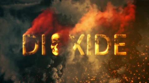 Text dioxide with skull burning on dark smoke bg - loop video Stock Footage 219347429