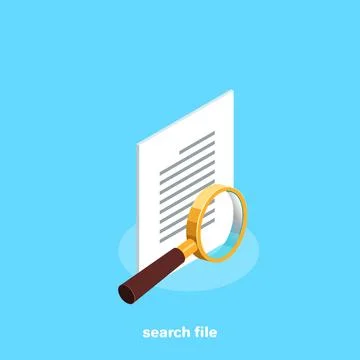 Text document and magnifying glass, isometric image Stock Illustration