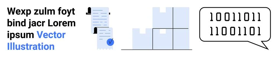Text document with lines, grid with checkmarks, and binary code speech bubble Stock Illustration