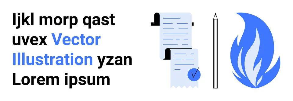 Text, documents with checkmark, pen, and flame in blue and white tones. Ideal Stockillustratie