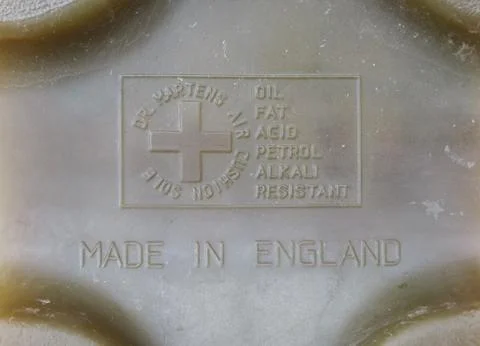 Text on Dr. Martens work boot sole. Foto stock