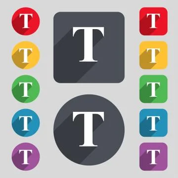 Text edit icon sign. A set of 12 colored buttons and a long shadow Illustrazione stock