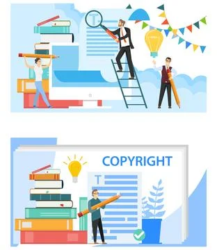 Text editing. Copyright. A group of people mini characters, read and edit Stock Illustration