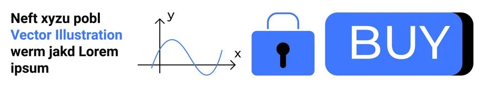 Text elements accompany a graph, a lock icon, and a prominent blue BUY button Stock Illustration