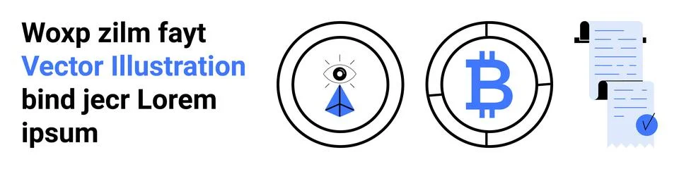 Text elements, blockchain eye graphic, Bitcoin symbol, and document icons wit Illustrazione stock