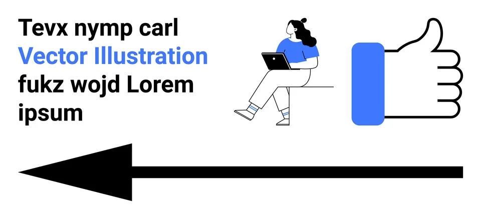 Text elements, character sitting with a laptop, blue thumbs up icon, black ar Illustrazione stock