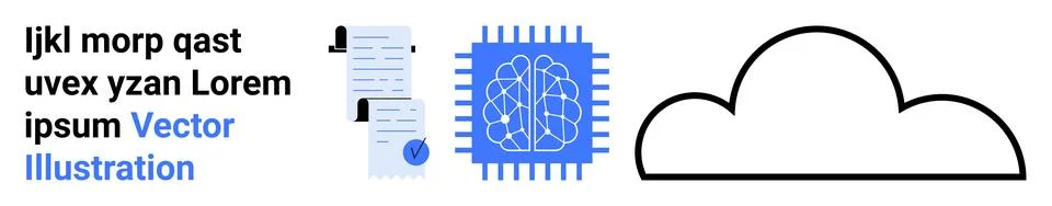 Text elements, a checklist with padlock, neural network on a chip, and cloud  Stock Illustration