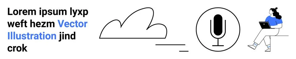 Text elements, cloud symbol, microphone icon, woman using laptop. Ideal for c Stock Illustration