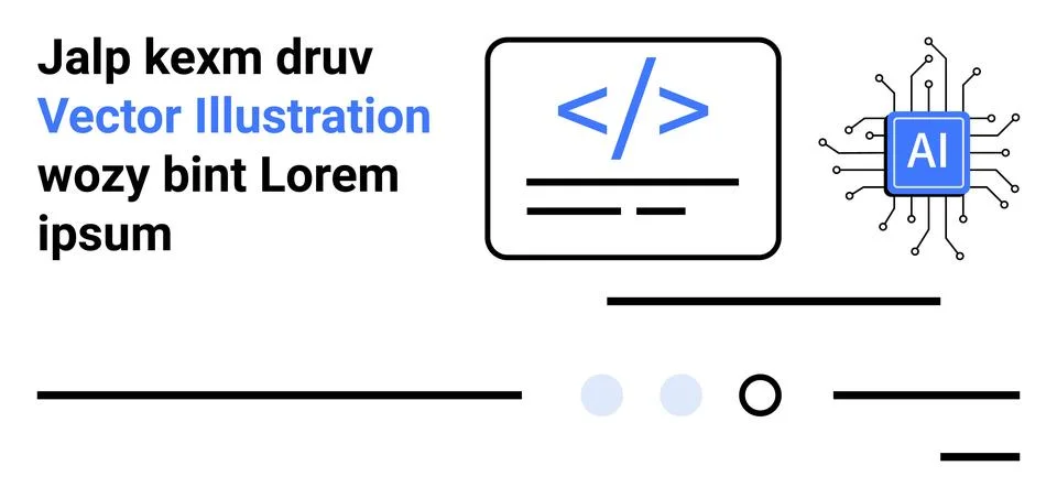 Text elements, coding symbol in rectangular box, AI microchip, lines, dots. I Stock Illustration